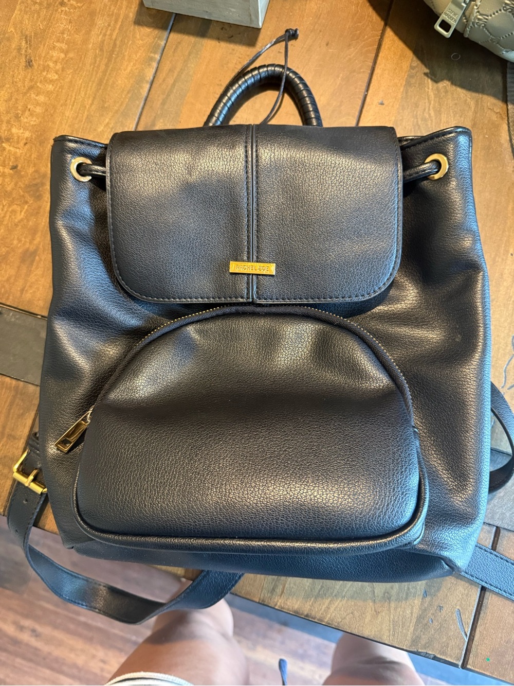 Black Leather Drawstring Backpack with Front Pocket - Women
